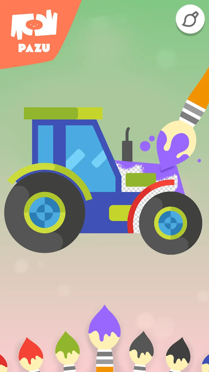 Tractor colorat parțial, cu pensule colorate în partea de jos